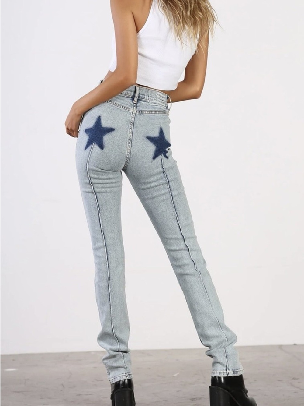 REVICE Light Wash Skinny Jeans with Navy Star Patches